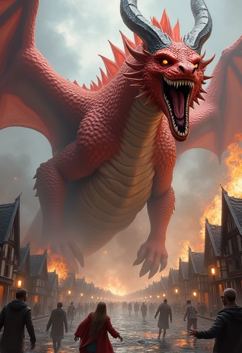 A dragon raging in the city,red colored skin,Huge minions,Flames erupted from the mouth,Surrealist realist style,Overlooking the perspective,Dilapidated buildings,No pedestrians