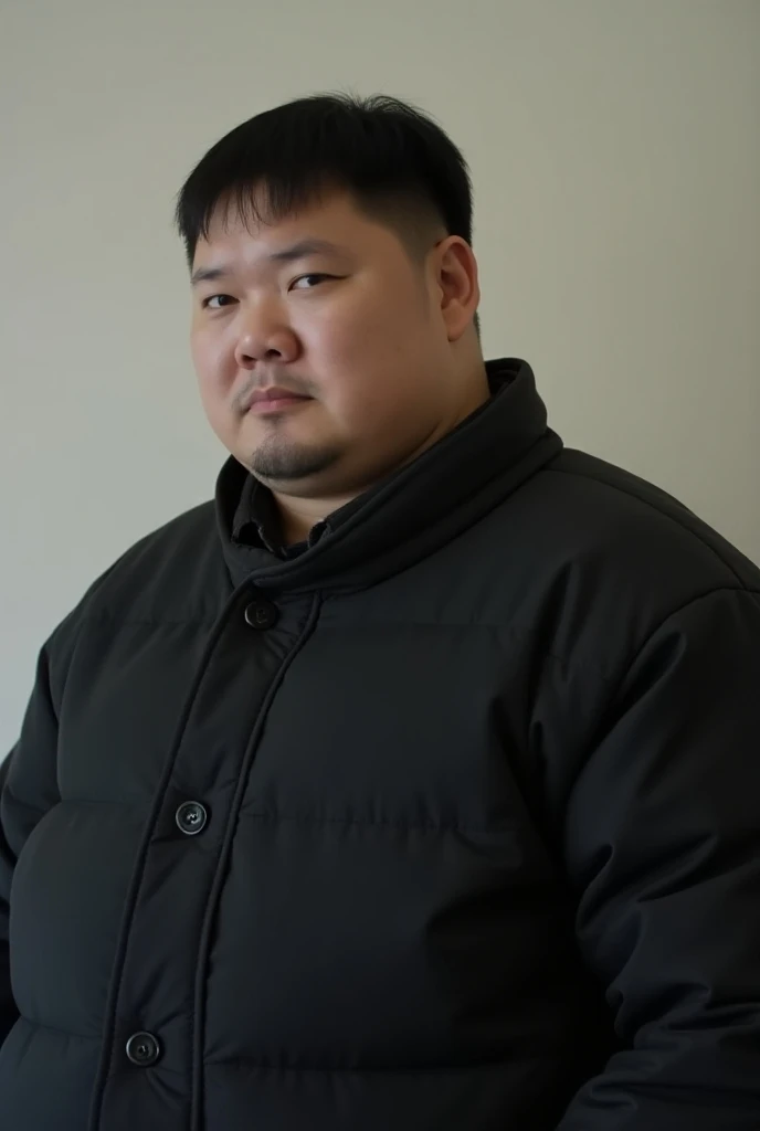 medium shot, photorealistic of a obese middle age ASIAN_RUSSIAN man, white complexion, chubby baby face, straight nose, light smile, wearing winter outfit, outside empty cafe background, high resolution, 4k, 8k, hd, full color
