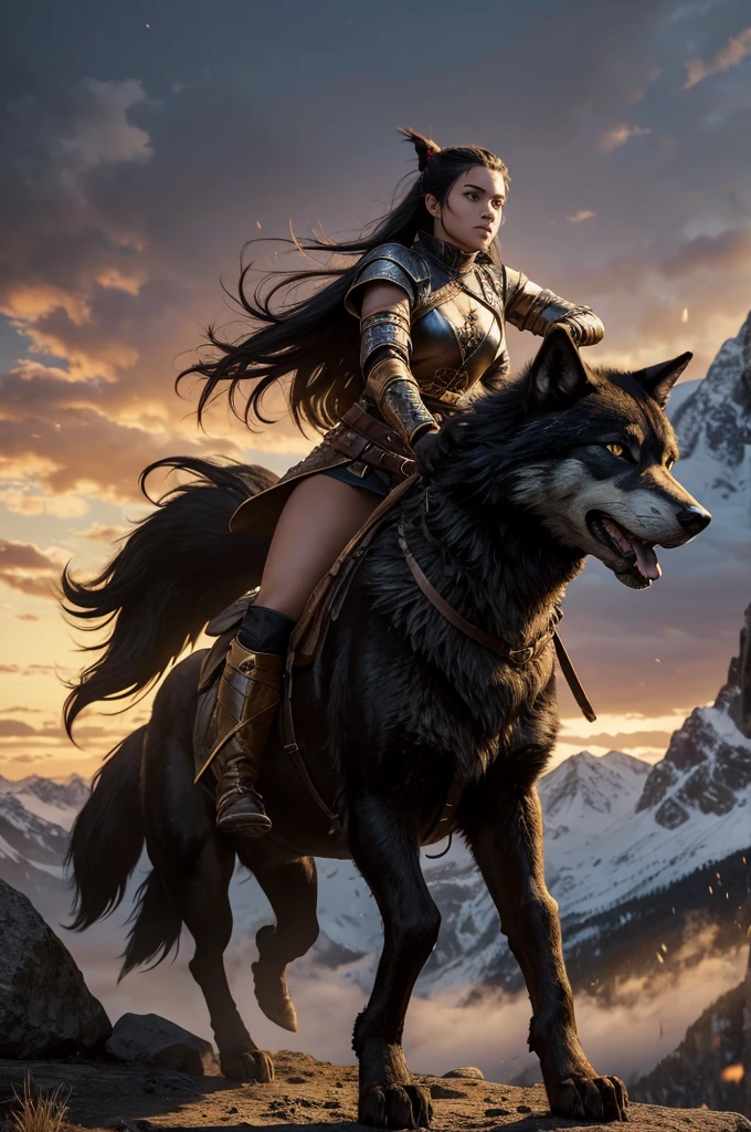  Norse woman with black hair ,  tied in a ponytail dressed in a medieval outfit , clothes yellow with red ,  thick thighs holding a sword and shield ,  riding a giant wild wolf Fenrir himself standing on his hind legs,  in the mountains at sunset fierce and fearless ,  her clothes are a mix of yellow and red mounted on an impressive Black Wolf ,  she embodies the essence of rebellion And resilience . The wild terrain ,  serving as home and battlefield ,  a symbol of your tribe's enduring struggle for survival ,  a legendary warrior and a majestic wolf , strong and powerful woman .  a symbol of untamable strength and unwavering loyalty .  her coat as black as the midnight sky and eyes shining with the wisdom of the ages - who is her true partner.  She is riding the wolf almost as tall as a man when on her back legs ,  her powerful body undulating with muscles .  Her claws can tear through armor 