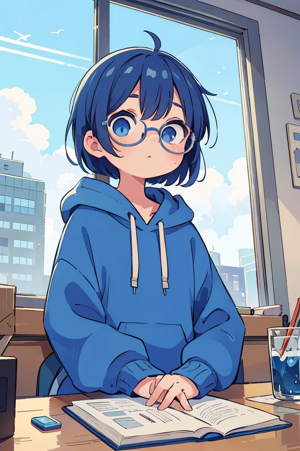 (masterpiece:1.2,  best quality), A person with short blue hair and blue eyes ， is wearing a big blue hoodie and square glasses，From below，