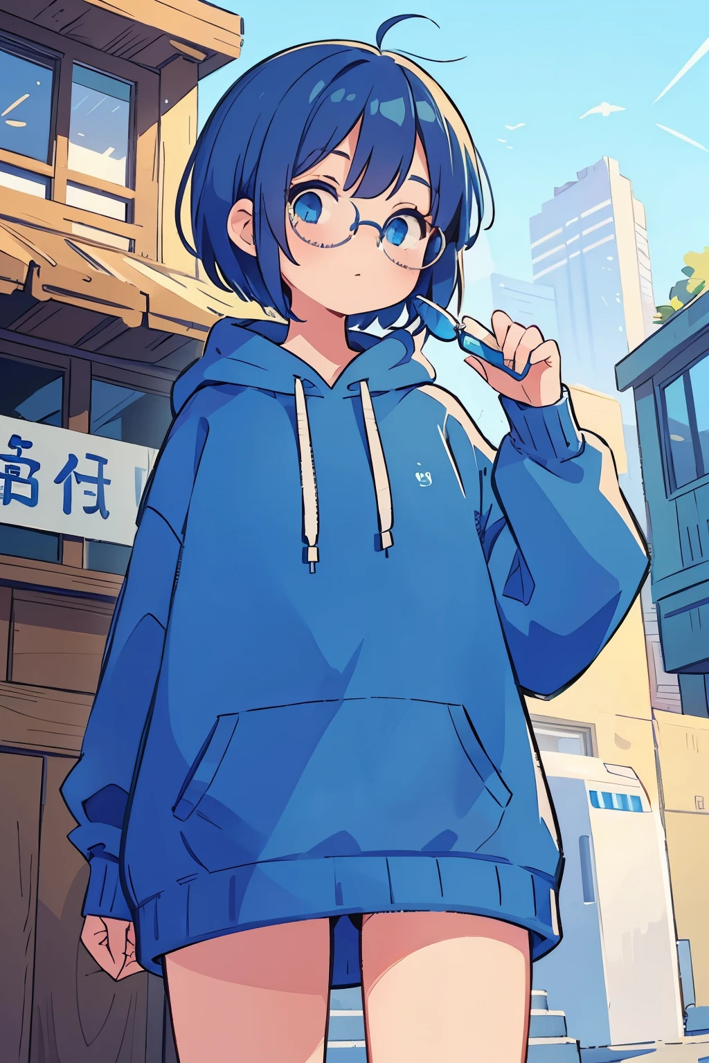 (masterpiece:1.2,  best quality), A person with short blue hair and blue eyes ， is wearing a big blue hoodie and square glasses，From below，