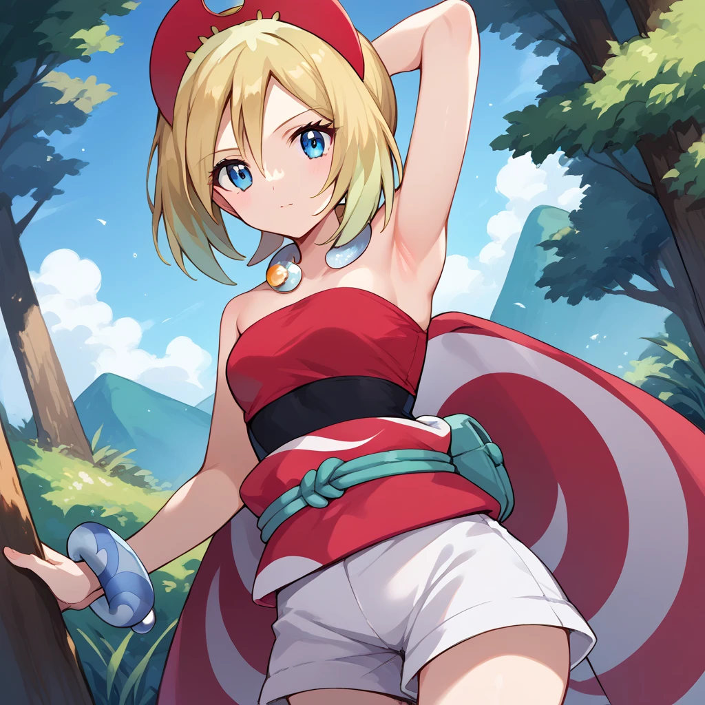 source_anime,
pokemonirida, pokemonirida, blonde hair, blue eyes, hair between eyes, medium hair,
bracelet, hat, jewelry, neck ring, red headwear, red shirt, sash, shirt, shorts, strapless, strapless shirt, waist cape, white shorts,
outdoors, nature,
looking at viewer, cowboy shot, dutch angle, armpits, close up