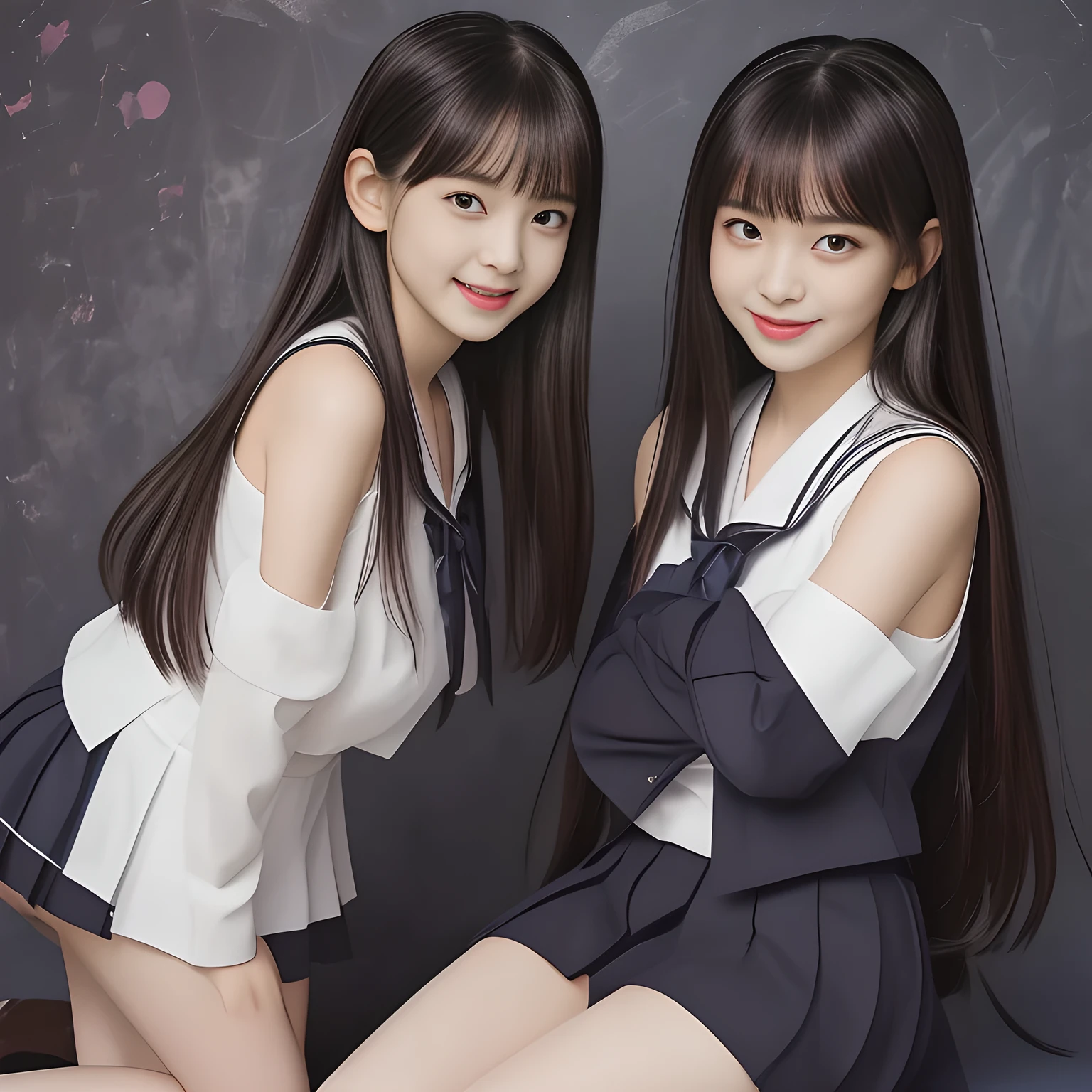 (Highest quality, masterpiece:1.2), Highest quality, High resolution, 1080P, 8k, (Two **** Japanese beautiful girl idols are seated and giving strong subliminal sexual invitation and temptation, undressing, cute skirt with beautiful knees, looking at the viewer, can't stop showing cute smile open mouth because of feeling too funny about the viewer, very white-white face, very proud of her long straight black hair, using face-whitening cosmetics, **** girl's eyes, opened laughing giggling most open mouth, taking off too expensive black sailor-styled school uniform, well-straitened super-long well-trimmed long hair, evenly neatly trimmed girly cute bangs: 1.5), (white shoulders: 1.7), (Laughing blushed cheeks with dimples), (Well-balanced, impressive, very intelligent, double-eyelids, black shining large eyes of **** young idol with detailed: 1.5), ((Beautiful well-figured glossy opened laughing lips: 1.2)), (mature breast), (The viewer can't stop madly kissing them because of her beauty and subliminal strong invitation), (Very beautiful, super-glossy, cute neat black amazingly long hair, straight well-done long hair-style: 1.3), (plain blue background: 1.6), (((Completely balanced beautiful big cool eyes, looking coldly at me!: 1.3))), (eyes, face and hair are especially beautifully detailed and beautifully drawn: 1.5),  (The soft white light clearly shows her face extremely white: 1.2), (Too luxurious and expensive), (School uniform, too-cute slender **** super-long-hair Japanese beautiful-young-girl idol twins are laughing and  undressing, super-widely open laughing mouth like eating the viewer, everything is girly, neat and too beautiful: 1.6), (Super long hair **** super-cute-face black-sailor-suit school-uniform pretty young idol of school idol photo magazine, is undressing, height: 145cm: 2.1), (Inevitable invitation and temptation to the succubus world: 2.0)