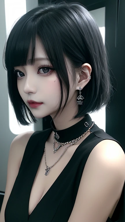 Mujer arafed con una camisa morada y una chaqueta negra., cruel korean gothic girl, 1 7 year old anime gothic girl, pelo cortado hime negro, 1 7 year old gothic girl, el corte de hime, peinado de corte hime blanco, with short hair con flequillo, con flequillo completo, gothic girl aesthetic, she has black hair con flequillo, con flequillo
