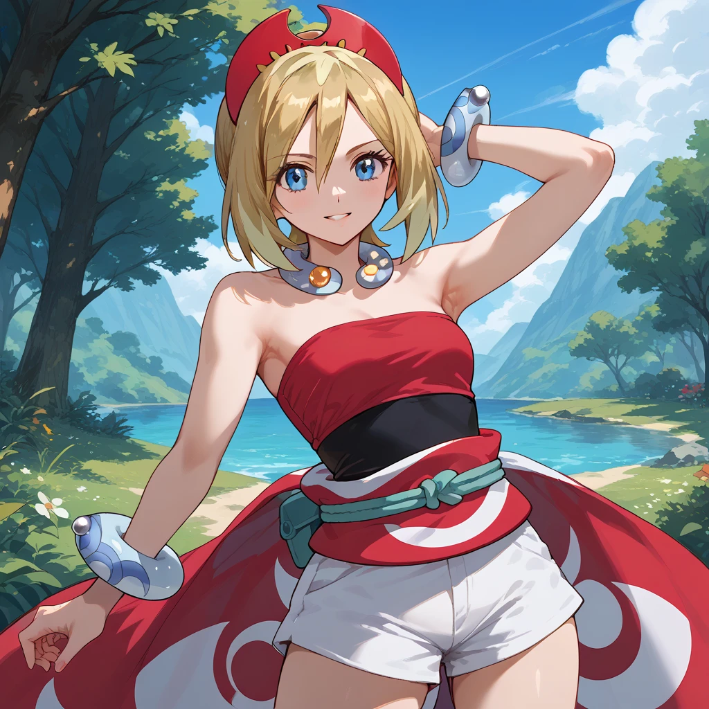 source_anime,
pokemonirida, pokemonirida, blonde hair, blue eyes, hair between eyes, medium hair,
bracelet, hat, jewelry, neck ring, red headwear, red shirt, sash, shirt, shorts, strapless, strapless shirt, waist cape, white shorts,
outdoors, nature,
looking at viewer,  armpits, close up