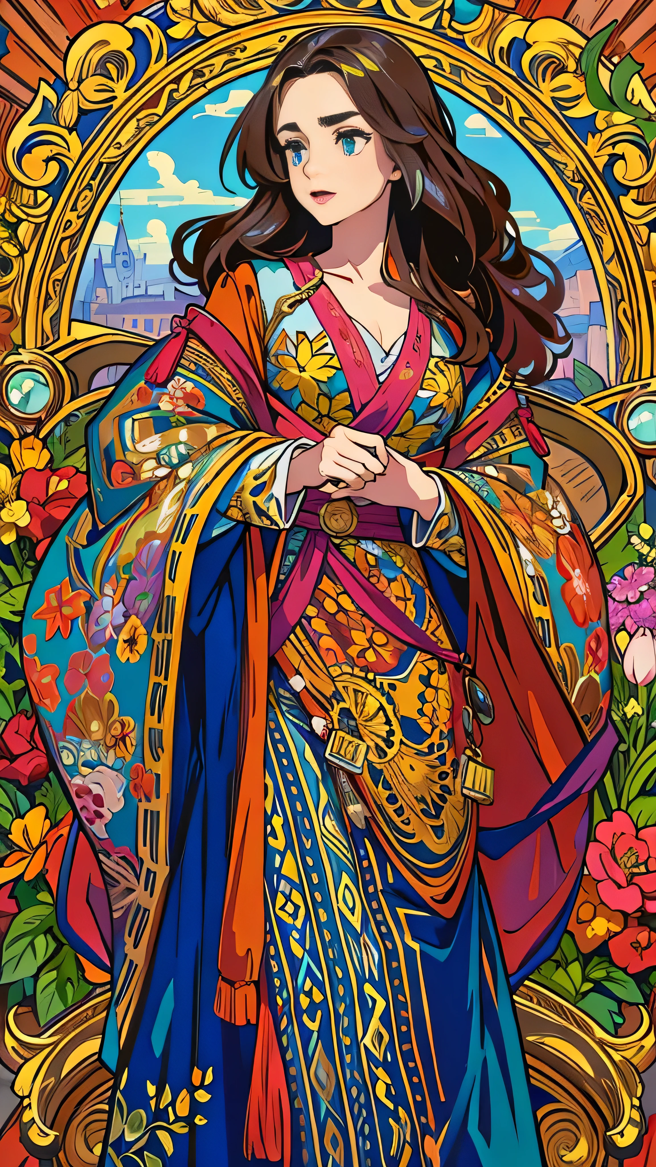 Illustration of Lily Collins wearing a 、 jacket and wearing a medieval dress、 Detailed , Soft and bright, HD art by Greg Hildebrandt , Liu Shitmer ,  Sezik Stepan , Sanyang, Aikut Aidgudu, Justin Gerard,  Alphonse Mucha,