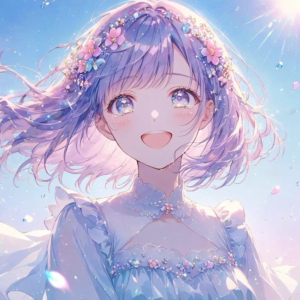 ((pastel、  watercolor style 、 glitter ))、1 female,Flower Hair Ornaments,face,tears ,Turn around and look this way ,Laughter,happiness, The background is clear sky,  Moderate Blur  ,  strong vignette masterpiece , best quality,Exquisite,8k,  absurd, Super detailed illustration on a blank sheet ,( Viewers )