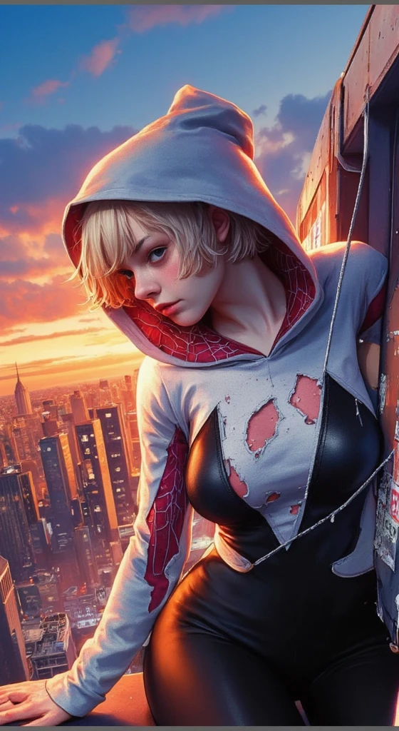  A promotional movie still, poster for the marvel movie 'Spider-Man: Home Turf,' featuring emma myer as spider-gwen, acrobatic pose, She is wearing a destroyed torn half naked skin-tight white and black pink spider-gwen costume, on rooftop The title reads: "Spider-Man:Home Turf" and "Coming 2030."