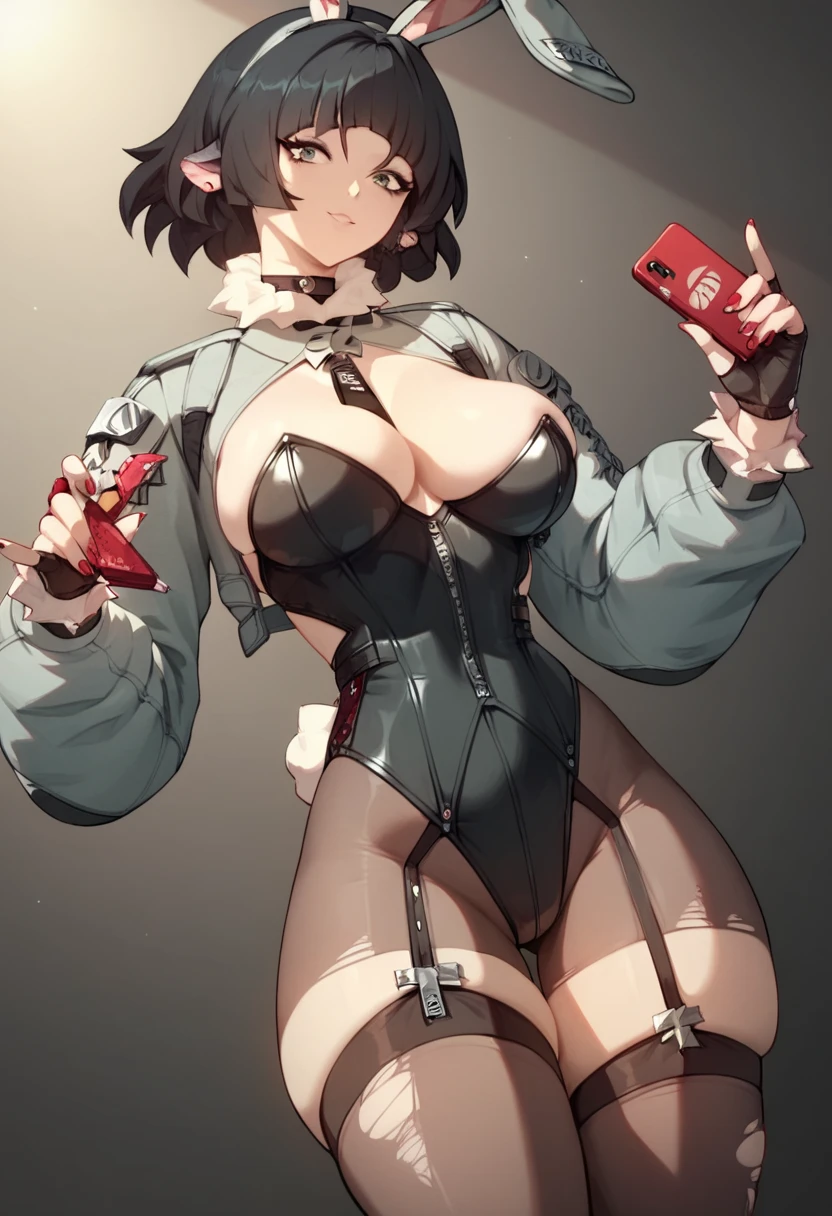 1 girl, Jane Doe , Zenless zone zero, semi human, mice, big thighs, short hair, pretty breast, bunny suit, latex,  bunny tail, cute, sexy, masterpiece, highquality