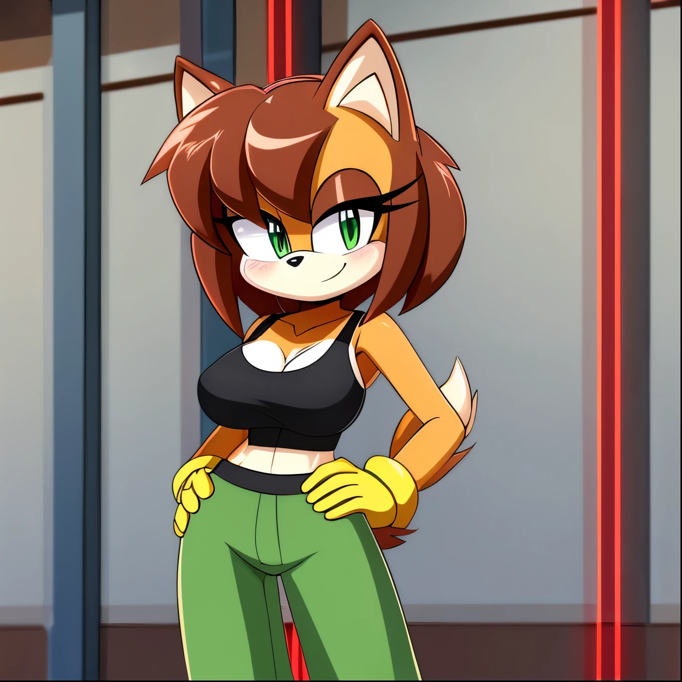 (uploaded on e621) (((by nitro, by marthedog, by naoto oshima))), (masterpiece, best quality:1.2) (((1girl))), solo, breasts, looking at viewer, blue eyes, huge breasts, two-toned fur, bodyfur, topless, bottomless, vest, (((((blue vest)))), sleeveless, hands on hips, brown fur, yellow fur, snout, animal ears, red hair, short hair, bangs, long eyelashes, Sally Acorn, open clothes, short tail, nippleless, bare chest,anime screencap,highschoolofthedead,style,parody,upper body focus, seductive smile