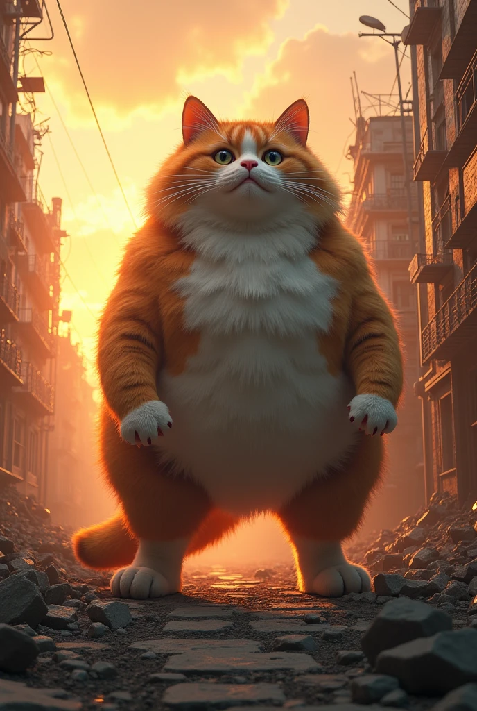 ((They dance a light dance on the ))、A huge fat calico cat with a puffy face that stands up on the other side of the street and walks on two legs((Cait Sith)) poses to apply a special move to 、A city covered in rubble 、 a calico cat standing with a backlit sunset sky on its back ((Cait Sith))