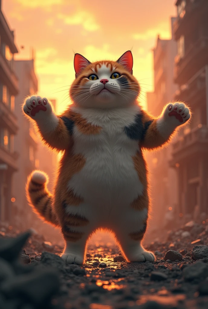 ((They dance a light dance on the ))、A huge fat calico cat with a puffy face that stands up on the other side of the street and walks on two legs((Cait Sith)) poses to apply a special move to 、A city covered in rubble 、 a calico cat standing with a backlit sunset sky on its back ((Cait Sith))