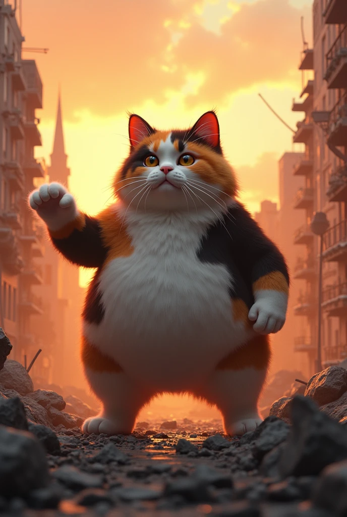 ((They dance a light dance on the ))、A huge fat calico cat with a puffy face that stands up on the other side of the street and walks on two legs((Cait Sith)) poses to apply a special move to 、A city covered in rubble 、 a calico cat standing with a backlit sunset sky on its back ((Cait Sith))