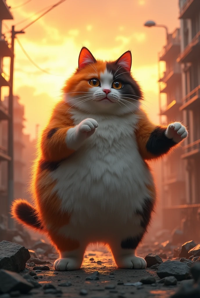 ((They dance a light dance on the ))、A huge fat calico cat with a puffy face that stands up on the other side of the street and walks on two legs((Cait Sith)) poses to apply a special move to 、A city covered in rubble 、 a calico cat standing with a backlit sunset sky on its back ((Cait Sith))