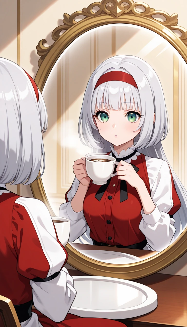 1girl,solo,long hair, bob cut,silver hair, green eyes,red hairband,ribbon,eyelashes,breast,sitting looking at mirror,holding cup of coffee, chamber filled with treasures and trinkets from far-off lands, 