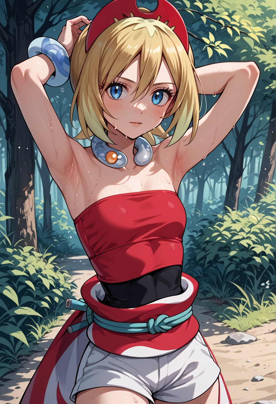 source_anime,
pokemonirida, pokemonirida, blonde hair, blue eyes, hair between eyes, medium hair,
bracelet, hat, jewelry, neck ring, red headwear, red shirt, sash, shirt, shorts, strapless, strapless shirt, waist cape, white shorts,
outdoors, nature,
looking at viewer,  armpits, close up, small breasts, arms up, arms behind back, sweat, sweating,

