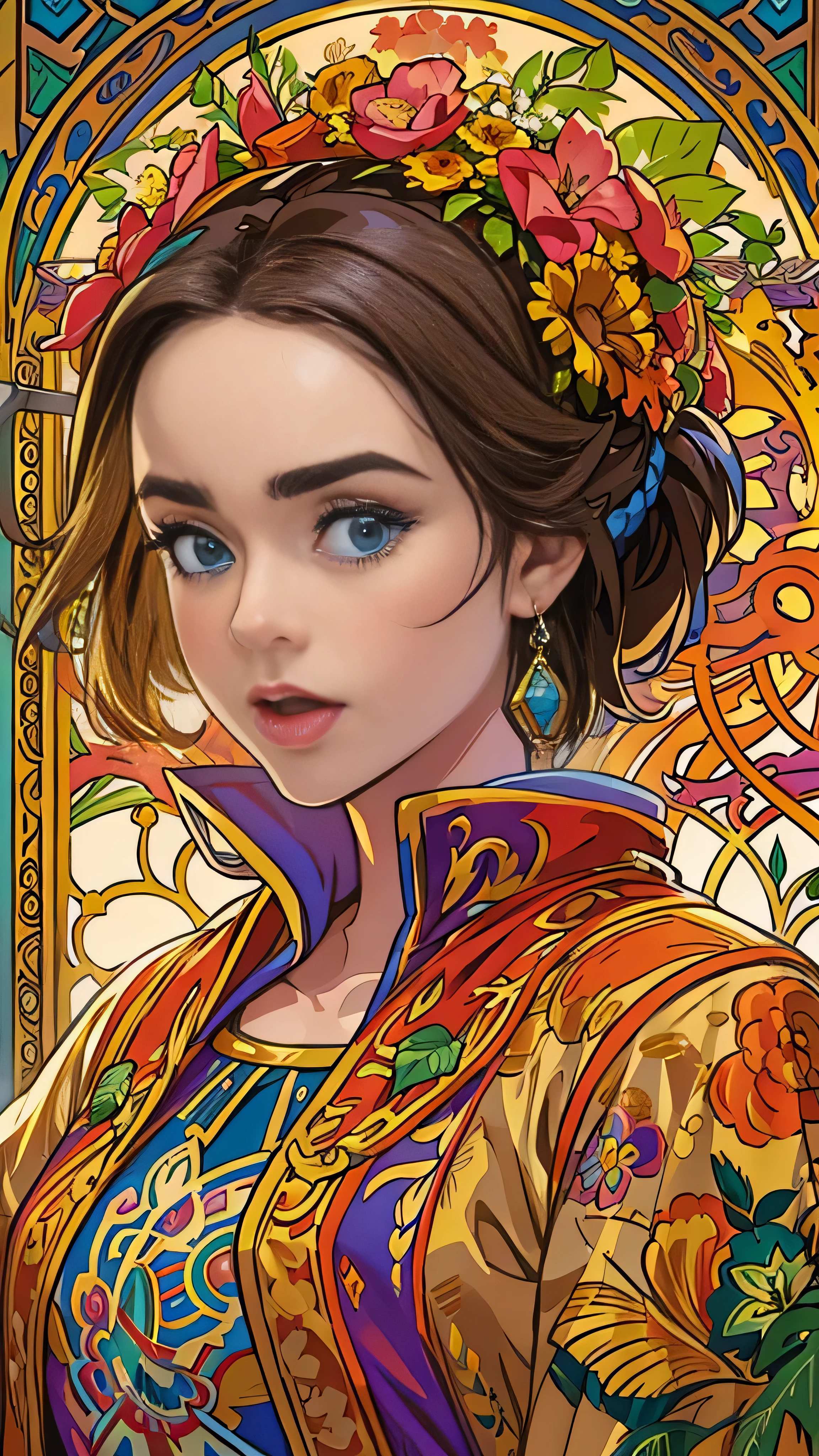 Illustration of Lily Collins wearing a 、 jacket and wearing a medieval dress、 Detailed , Soft and bright, HD art by Greg Hildebrandt , Liu Shitmer ,  Sezik Stepan , Sanyang, Aikut Aidgudu, Justin Gerard,  Alphonse Mucha,