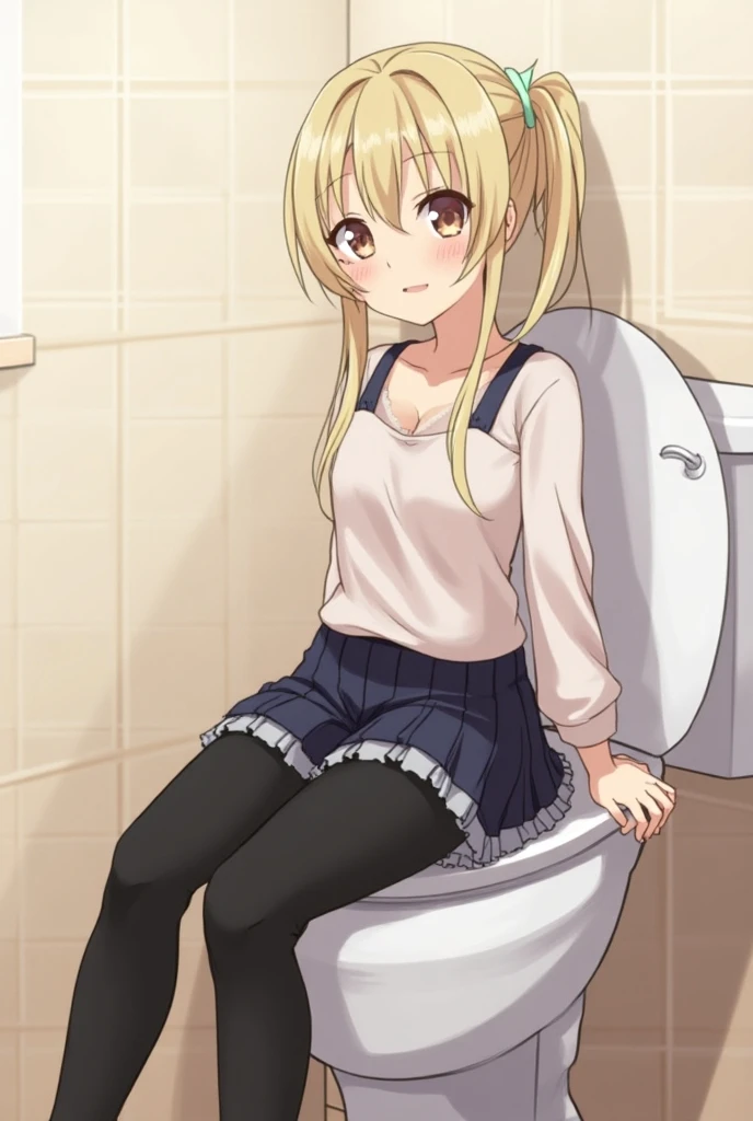 (Young face), View your viewers, Braid、 ,socks, ,blush,sweating,,Flat Chest,camisole,mini skirt,panties、((In the toilet)), Provocative look、Perversion、Lewd gaze、Grin、Heavy breathing、Ahegao、