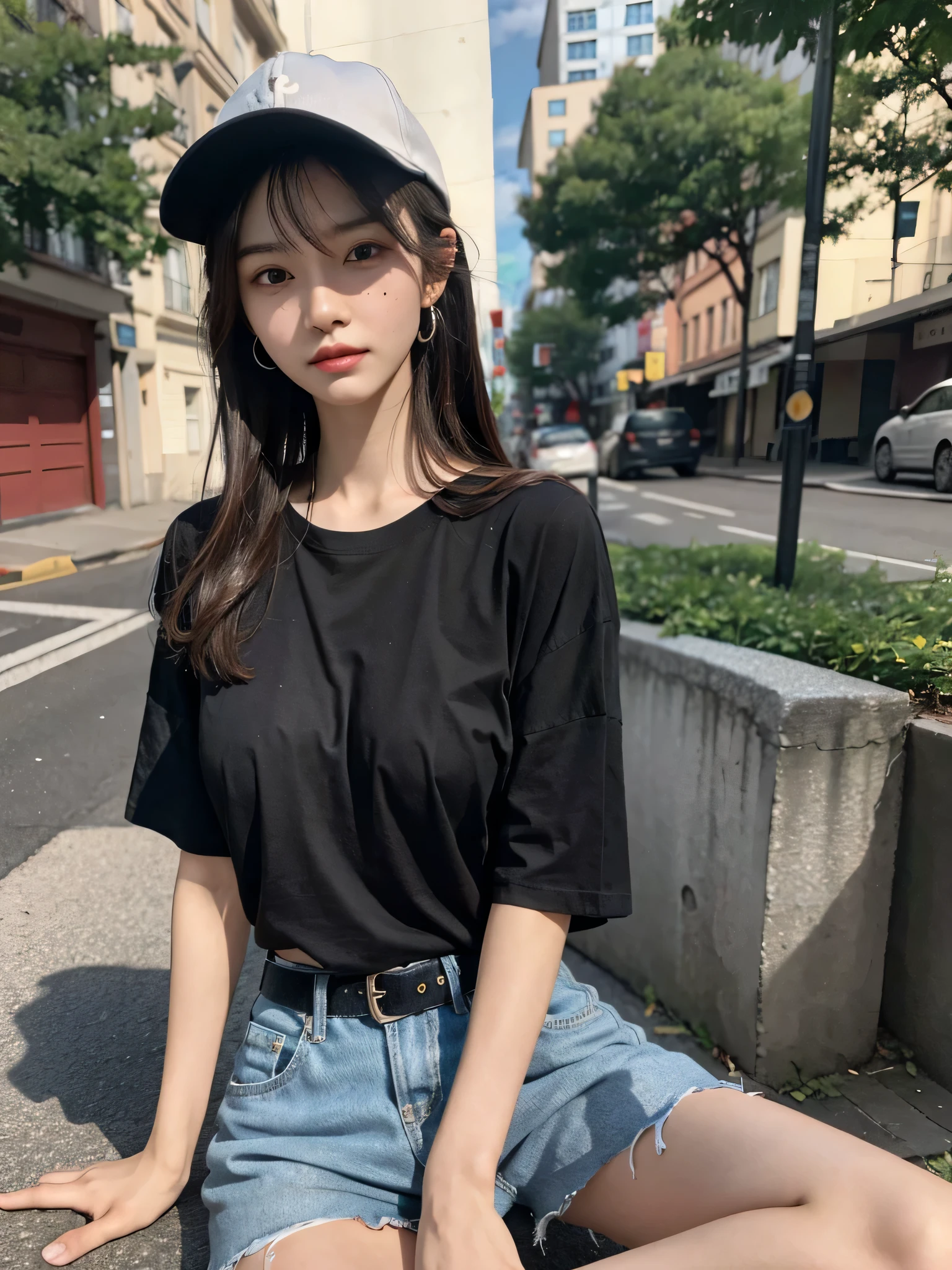 1 Girl,roadside,Soft Light,Chinese Beauty,Short sleeve,Short skirt,Dark-haired