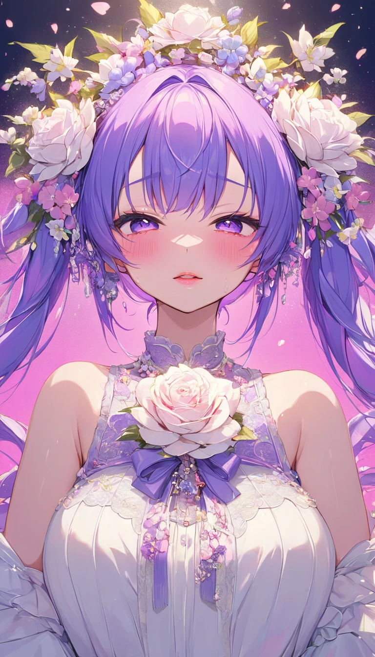 one piece ghost princess perona, ghost and sakura aura, holding a cute umbrella, black pink gothic outfit, hair tied into two curly pigtails with black and white flower hairpins, perfect body shape, wearing black top hat with ribbon, masterpieces, light make up, ghost effect, best lighting, ultra sharp