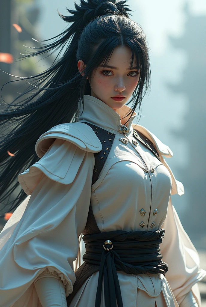 A young black-haired woman with long hair untied, with tattoos in the form of lines around various body areas, mainly limbs and face like Ryomen Sukuna from Jujutsu Kaisen, wearing combat clothing consisting of a black and white dojo outfit.