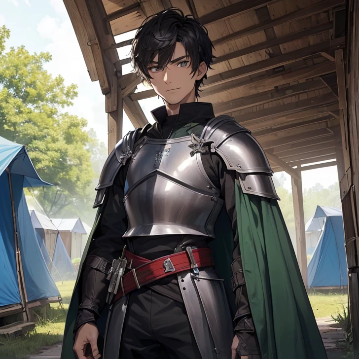 Masterpiece, HD, high resolution, high quality, best quality, super detailed. Solo character alone. Fantasy art.
{{(A 25-years-old male-vampire-warrior:(appearance: pale-grey-ashen-skin. brown eyes with black pupils. Strong body. black-very-messy-short-hair. black-sharped-eyebrows. He stands 1,90-meters-tall. Happy smile. Happy expression. Upright firmly very cool. Standing very brave and optimistic.),(he wears: light-body-armor. Full-scale-black, green and red-armor. Red-arms-armors. Green-cuirass. Black-shoulders-armors. Green-boots.),(scenery: military knight garrison camp. full of weapons and blue tents.))}}