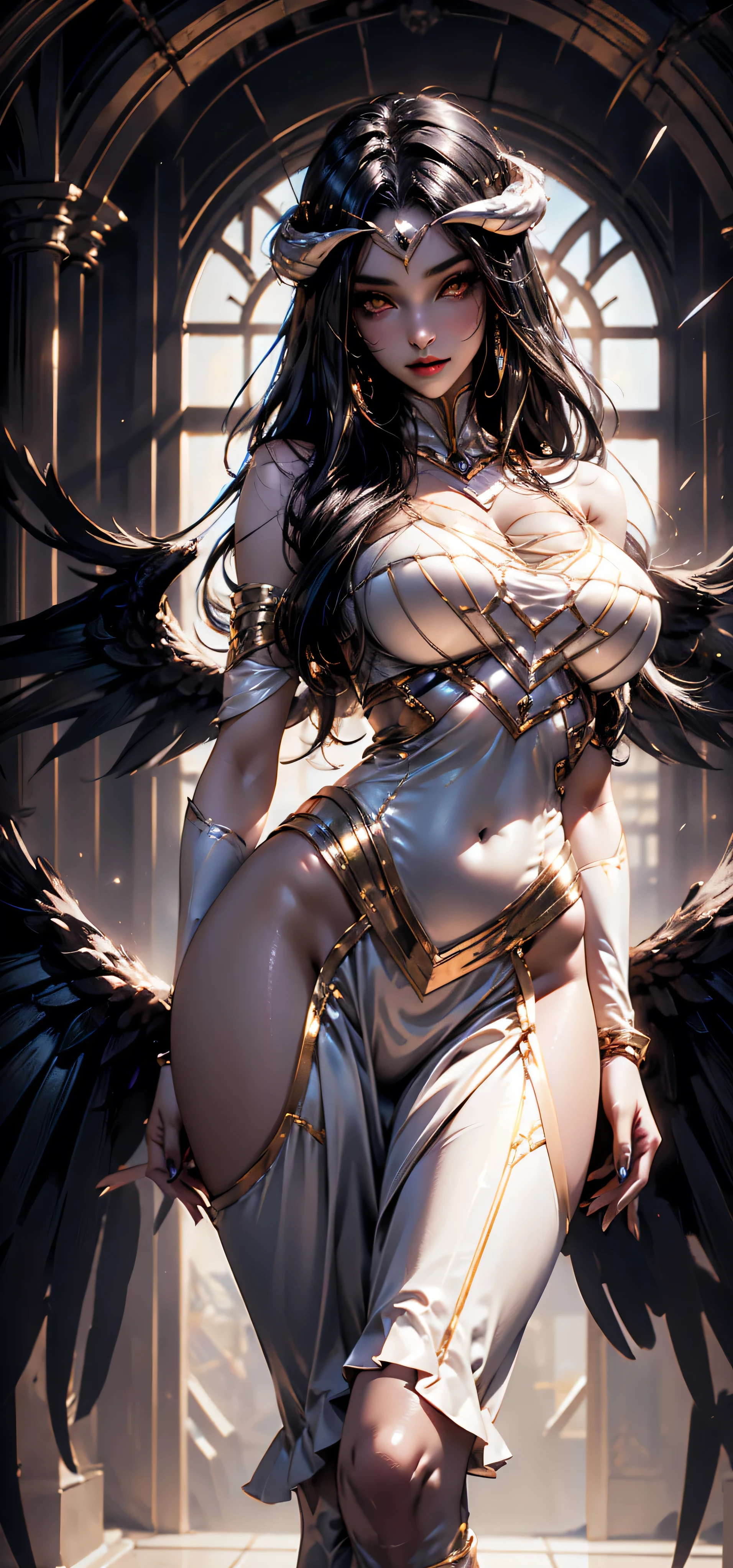 A (super realistic, 8k_resolution) beautiful sexy woman(albedo _overlord) with (orange_eyes with perfect_detailing) and white_attire(detailed) with gold jewellery on perfect huge sexy breasts, beautiful breast, black long beautiful hair, hyper detailed black  wings ,(wallpaper style eyes )(wallpaper style body pose)(standing in middle with complete face visible and both eye to eye contact)(every thing with best detailing)