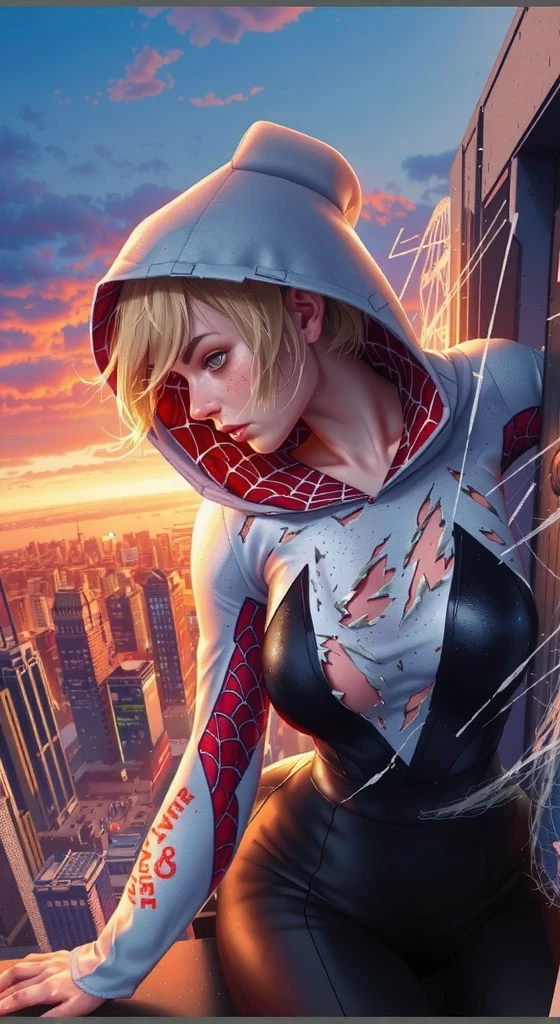  A promotional movie still, poster for the marvel movie 'Spider-Man: Home Turf,' featuring emma myer as spider-gwen, acrobatic pose, She is wearing a destroyed torn half naked skin-tight white and black pink spider-gwen costume, on rooftop The title reads: "Spider-Man:Home Turf" and "Coming 2030."