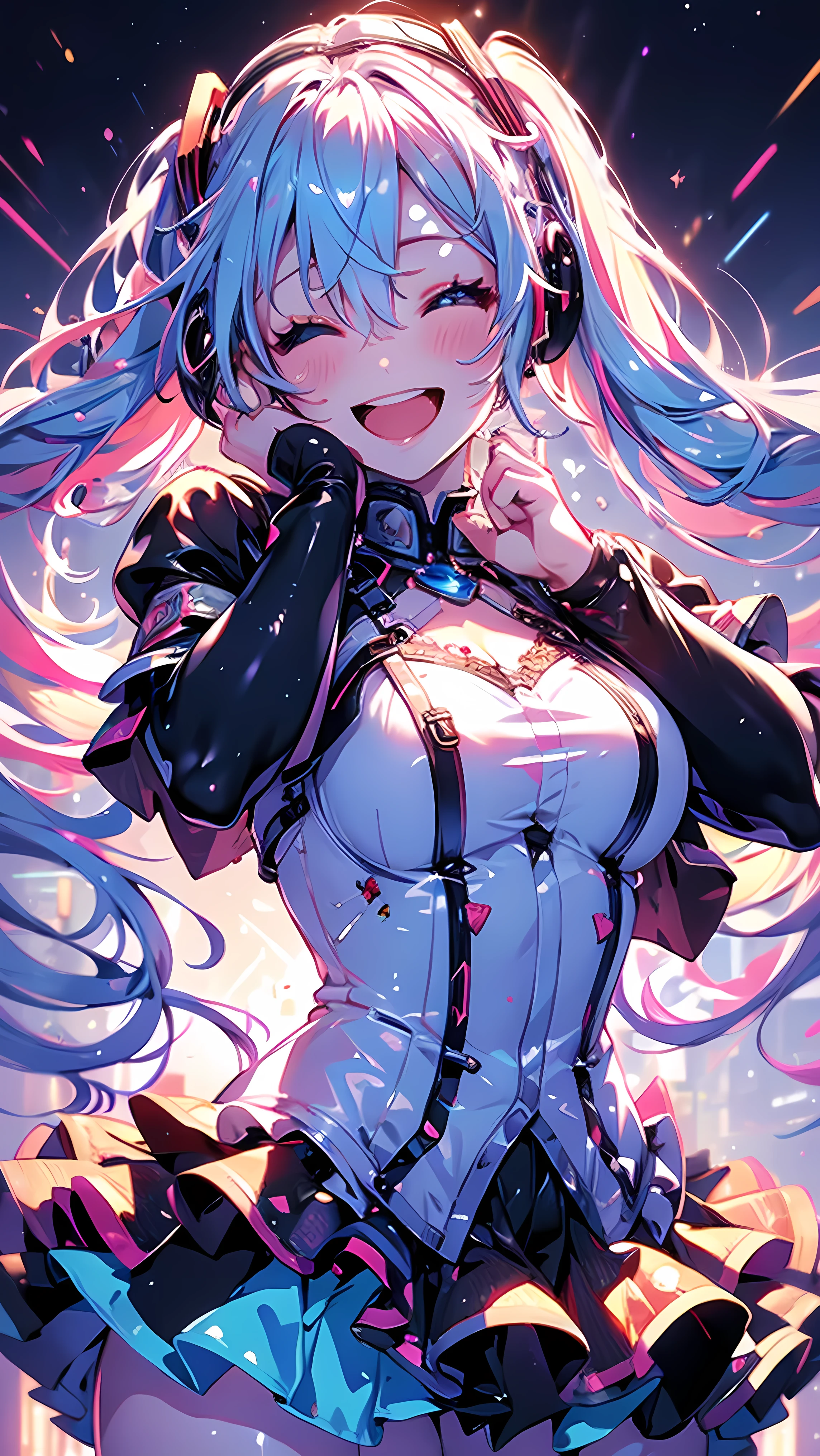 Raise your face and body   ,  cute smiling girl ,  1 girl,   vocaloid ,  Hatsune Miku,  Big Breasts ,  raise your arms, Dancing, sing,  Fantasy , Starry sky background, water surface, Blushing face, (最 High Quality ,8k, high definition ,masterpiece:1.2),Super detailed,(Realistic:1.37), bright color , dramatic lighting facing back to the right, Intricate Details ,photoRealistic, High Quality , 8k, Super detailed,  photoRealistic ,  Movie Lighting, Dramatic contrast,Raise your face and body   ,Bright expression, Smiling with eyes closed