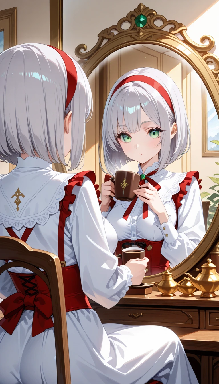 1girl,solo,long hair, bob cut,silver hair, green eyes,red hairband,ribbon,eyelashes,breast,sitting looking at mirror,holding cup of coffee, chamber filled with treasures and trinkets from far-off lands, 