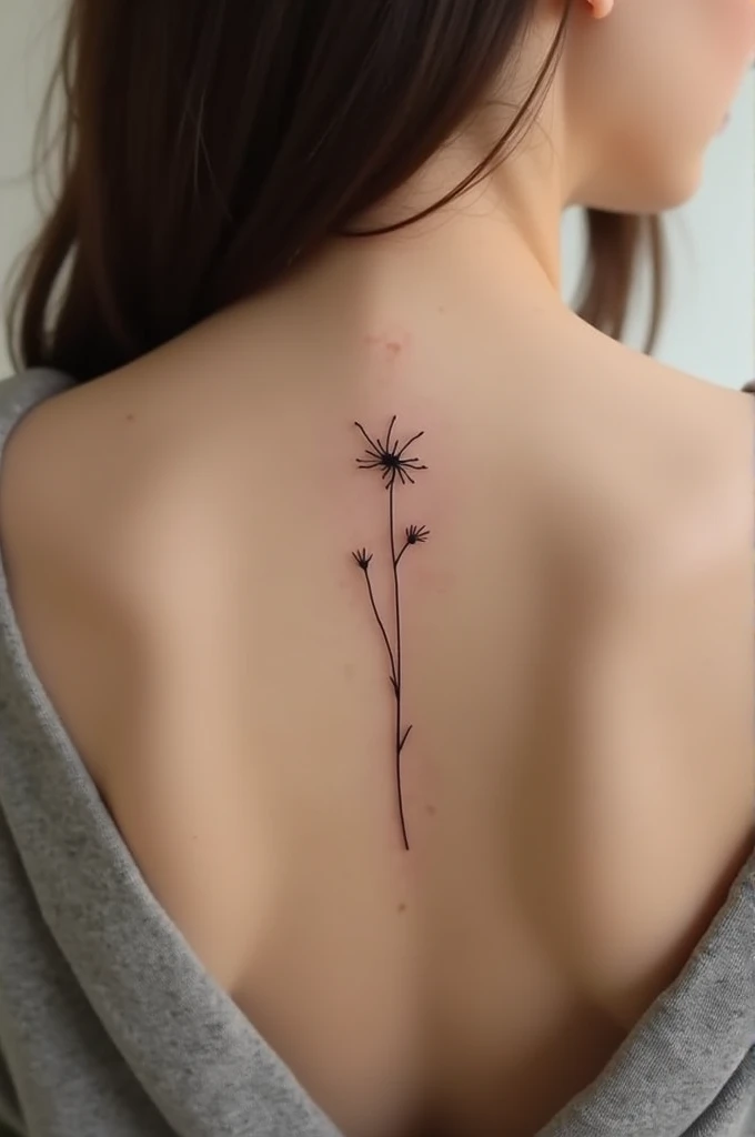 Generate a design of a straight tattoo of several small flowers in a minimalist style on a WHITE BACKGROUND for the spine