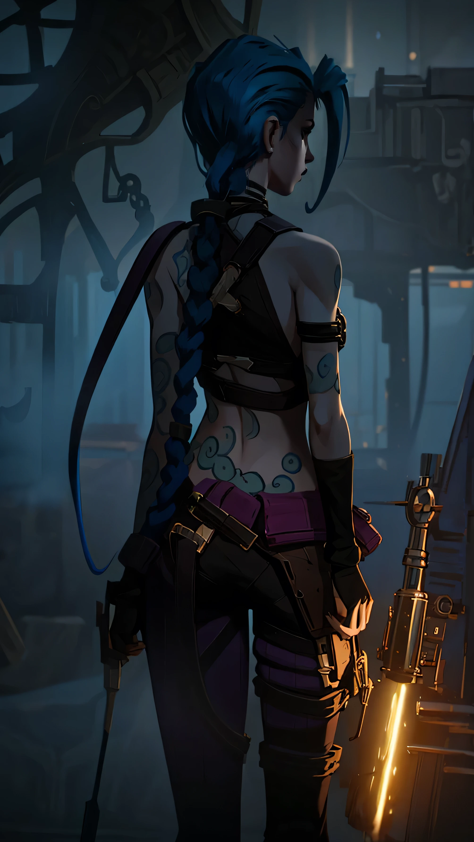Girl with long blue hair, In Combat Position, волосы заплетены в длинные Braids, hair below the knees. Jinx from Arcane. glowing pink eyes, She&#39;s wearing tight leather pants, In Combat Position, next to the explosion You Jinx. Мы 6 very detailed лицо, epic composition, very detailed, small parts, (masterpiece, Best quality), 1 girl, Beautiful face, hands, Braids, косаed ponytails, red purple eyes, Jinx cries on camera, Blue cloud tattoo, (masterpiece, Best quality), side lighting, Beautiful detailed eyes, sad face), (Best quality), (masterpiece), magic photography, Spectacular lighting, photorealism, ultra detailed, intimate portrait composition, 4,8K UHD, aesthetic, 64 CDs., a high resolution, 8K, better lighting, Best shade, Ultra-HD, a high resolution, sharp focus, complex background, cinematic lighting, ((Landscape view)), 4K block, (better lighting), ((cinematic lighting)),