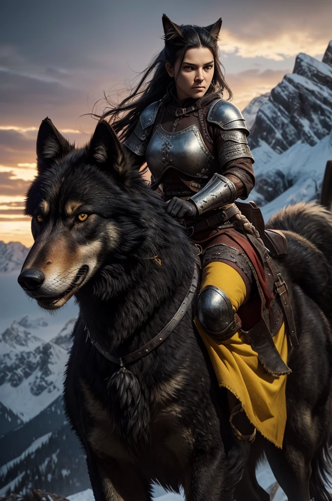  Norse woman with black hair ,  tied in a ponytail dressed in a medieval leather outfit, clothes yellow with red ,  thick thighs holding a medieval sword up high,  riding a giant wild wolf Fenrir himself standing on his hind legs,  in the mountains at sunset fierce and fearless ,  her clothes are a mix of yellow and red mounted on an impressive Black Wolf , she points her sword up ,  she embodies the essence of rebellion And resilience . The wild terrain ,  serving as home and battlefield ,  a symbol of your tribe's enduring struggle for survival ,  a legendary warrior and a majestic wolf , strong and powerful woman .  a symbol of untamable strength and unwavering loyalty .  her coat as black as the midnight sky and eyes shining with the wisdom of the ages - who is her true partner.  She is riding the wolf almost as tall as a man when on her back legs ,  her powerful body undulating with muscles .  Her claws can tear through armor , 4K,  High resolution,  masterpiece ,  best quality , sharp focus, ( cinematic lighting ), clavicle, [:(detailed face:1.2):0.2]