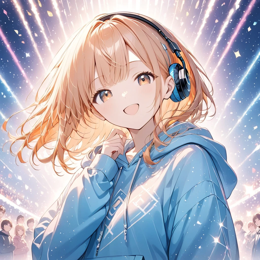 Winking woman,  with orange and white hair {x} in a hoodie ,Moesleeve hoodie, cute pose,Shine瞳.Shineアイハイライト,that&#39;Shine,headphones light background, glitter,Geometric patterns, Official illustration style,A masterpiece seen from the front, best quality,Exquisite,8k, absurd,  very detailed illustration  ,(Being watched by the audience)