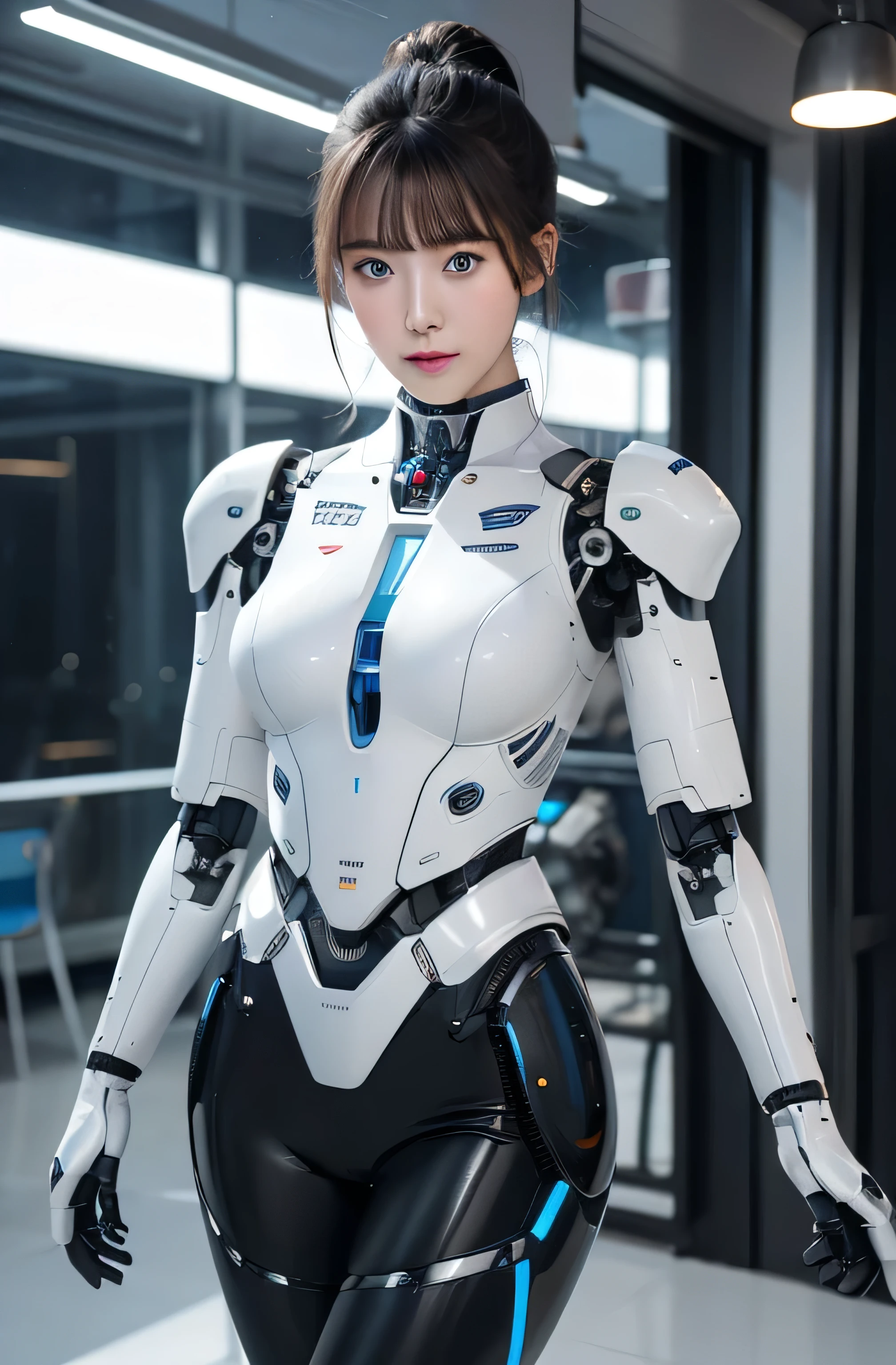 masterpiece, best quality, (photorealistic:1.4), (RAW photo)(8K, 4K, Best Quality, hight resolution, 超A high resolution:1.1), (masutepiece, Realistic, Photorealsitic:1.1), Japaese Cyborg Girls,Plump , announcer,control panels,android,Droid,Mechanical Hand, ,clothes with a sense of mechanical technology, Robot arms and legs, Black Robot Parts,Black hair,Mechanical body,Blunt bangs,White abdomen,White robotics parts,tube dress,perfect robot woman,perfect android woman, perfect mechanical woman,future laboratory,android factory,cyborg factory,robot factory,cyber pank,charging spot,long tube,thick cable connected her neck,bowing,maintainance her,repaired her,full eyes,dark black tights,a bit chubby, masterpiece, Best Quality, Illustration, Ultra-detailed, finely detail, hight resolution, 8K Wallpaper, Perfect dynamic composition, Beautiful detailed cyan colored eyes, suits,Medium Hair,  Natural Color Lip, Random and sexy poses,Smile,‎ 20 years girl、20 years old, lifelike face、real looking skin、Realistic blue eyes、cute little, robotic neck, robotic arms and legs, deep blue eyes, career woman robot, robot girl, cyborg, control panels, control monitor in chest, 8K, RAW photos, Best quality, Masterpiece: 1.2),(best qualtiy，8K, Yes，32K，masterpiece，hyper HD：1.2) , Generate a highly detailed and realistic 4K description of a robot woman in a career suit, emphasizing every detail, from her attire to the surrounding environment, skinny body, perfect body, beautifull face, asian face, glowing skin, cyborg girl, deep blue eyes, android robot, mechanical details, japanese robot girl, robotic chest, add chest monitor, perfect blue eyes, control panels, korean android woman,perfect robot girl,long tube,thick cable connected her neck,android,robot,humanoid,cyborg, japanese cyborg girl , She is booting now,chest monitor