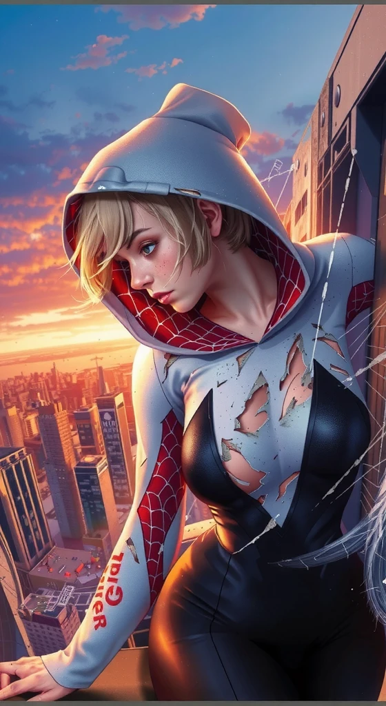  A promotional movie still, poster for the marvel movie 'Spider-Man: Home Turf,' featuring emma myer as spider-gwen, acrobatic pose, She is wearing a destroyed torn half naked skin-tight white and black pink spider-gwen costume, on rooftop The title reads: "Spider-Man:Home Turf" and "Coming 2030."