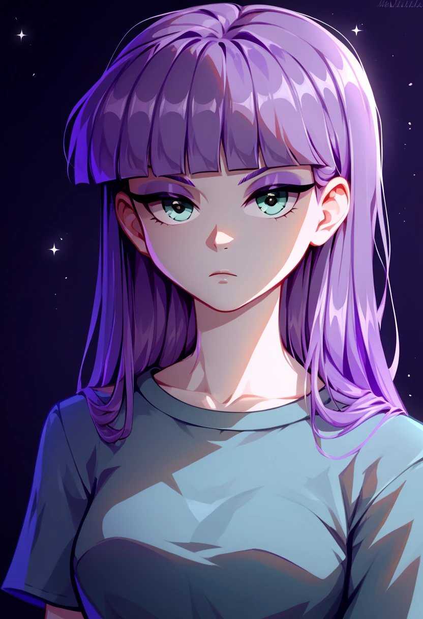 (Maud Pie)  character , Maud Pie, equestria girls,  Beautiful Girl,  long hair , fringe, Purple hair, light gray skin,  heavenly eyes , purple eyeshadow, white t-shirt,  character  mirando hacia arriba, top perspective, showing something with the hand, serious guy,  night atmosphere ,  looking at the camera