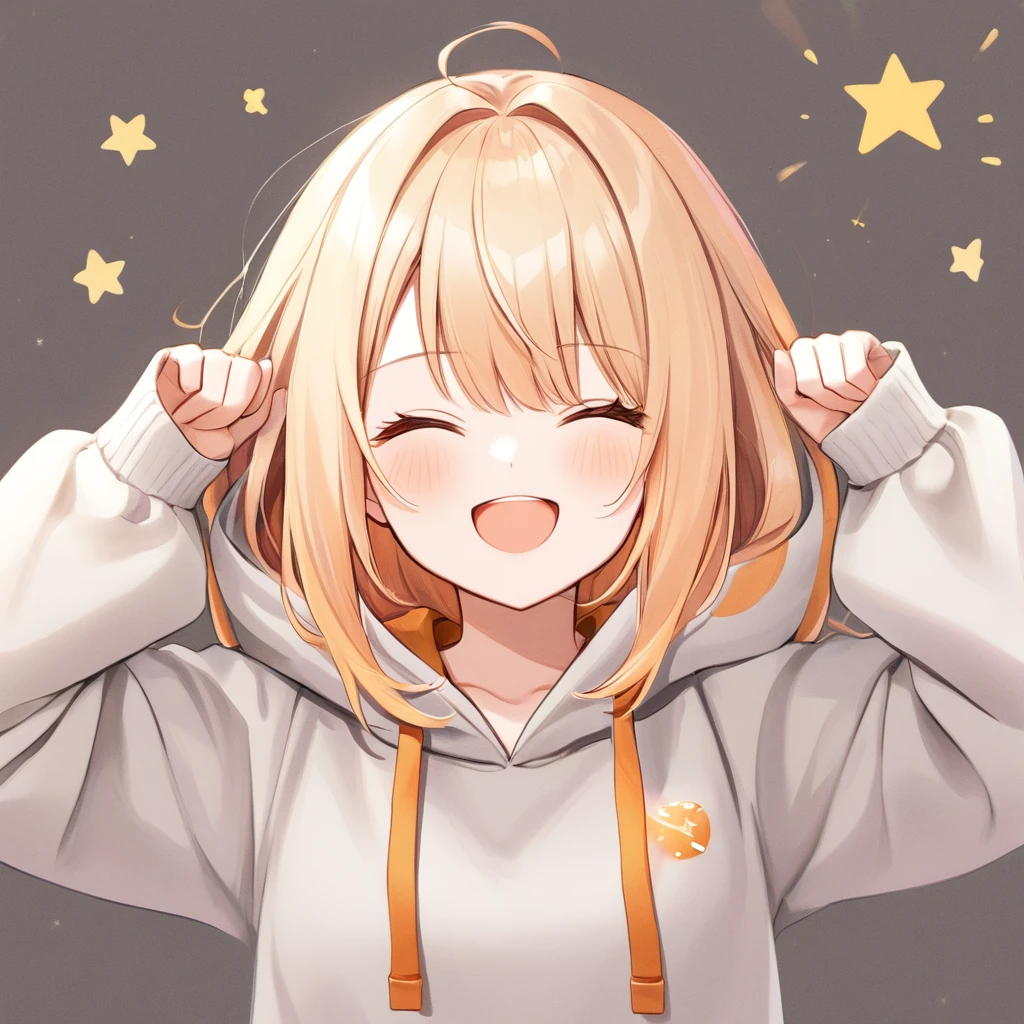 Winking woman,  with orange and white hair {x} in a hoodie ,Moesleeve hoodie, cute pose,Shine瞳.Shineアイハイライト,that&#39;Shine,headphones light background, glitter,Geometric patterns, Official illustration style,A masterpiece seen from the front, best quality,Exquisite,8k, absurd,  very detailed illustration  ,(Being watched by the audience)