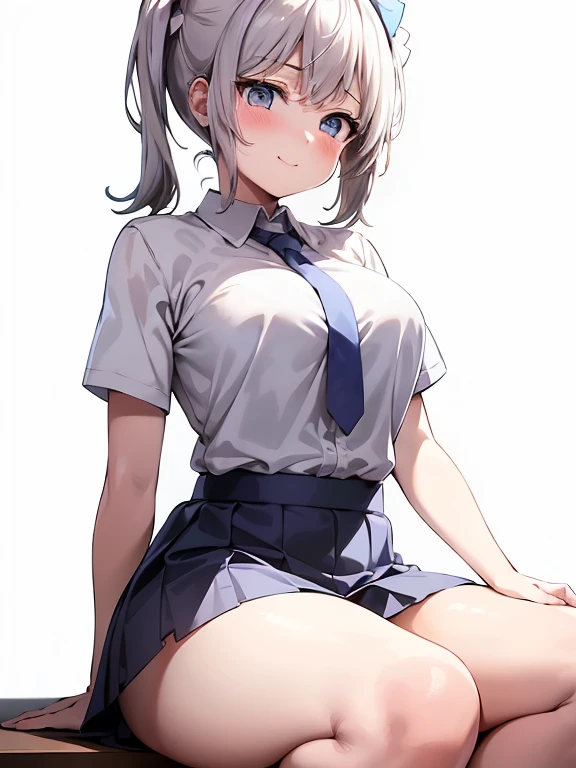 masterpiece, best quality, ultra-detailed, illustration,1girl, Short white hair in pigtails, White school shirt, short sleeves, Light blue tie, light blue short skirt, blush, big breasts, Big thigh, Look to the Lower, simple background, solo, very sexy, shy expression, cute, white background, Smiling cutely, Sitting pose