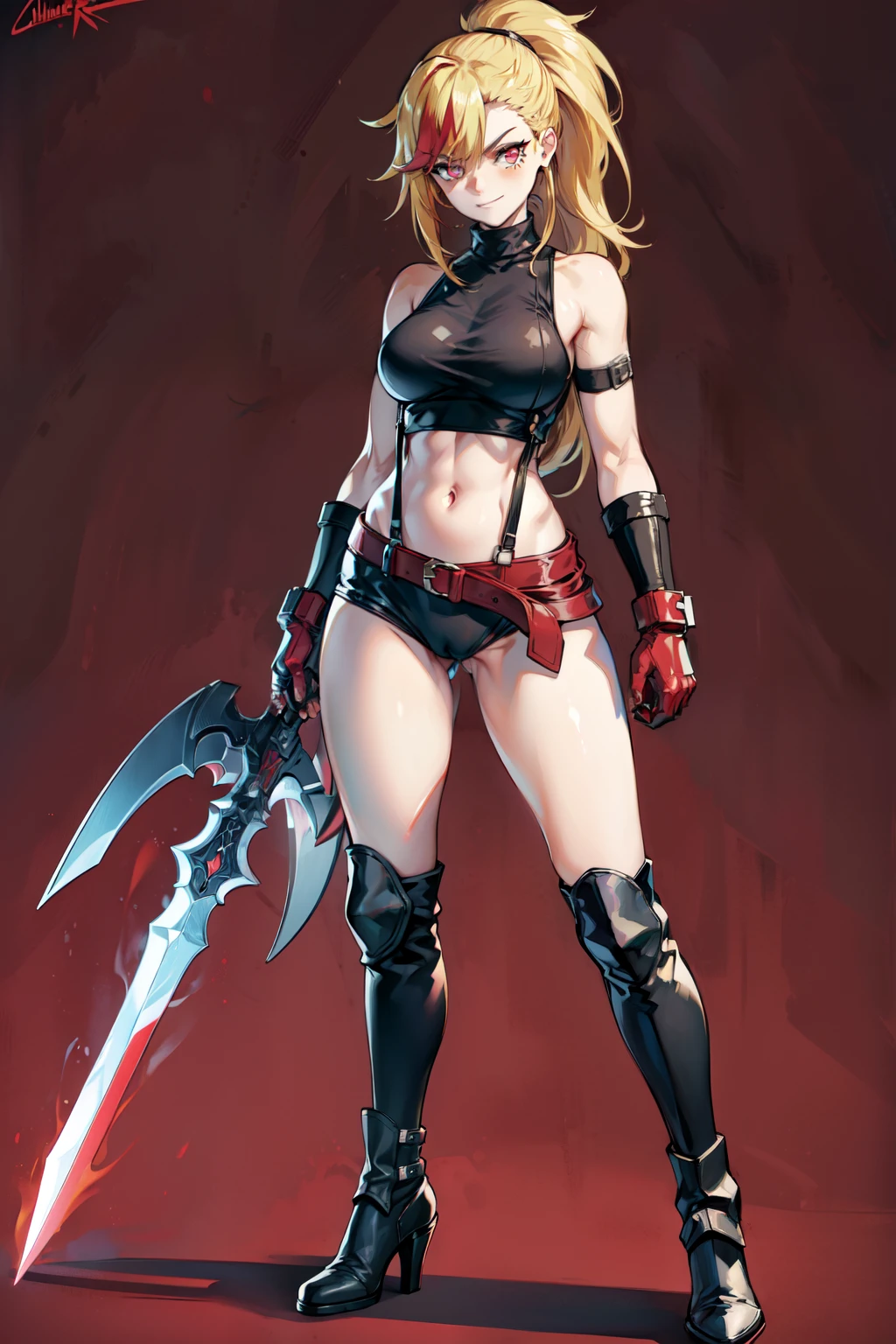 anime character with a heart on her chest and a sword, style of madhouse anime, junko enoshima, in jojo\'s bizarre adventure, pin on anime, inspired by Hiromu Arakawa, anime character; full body art, junko enoshima from danganronpa, katanas strapped to her back, anime maid ss military
