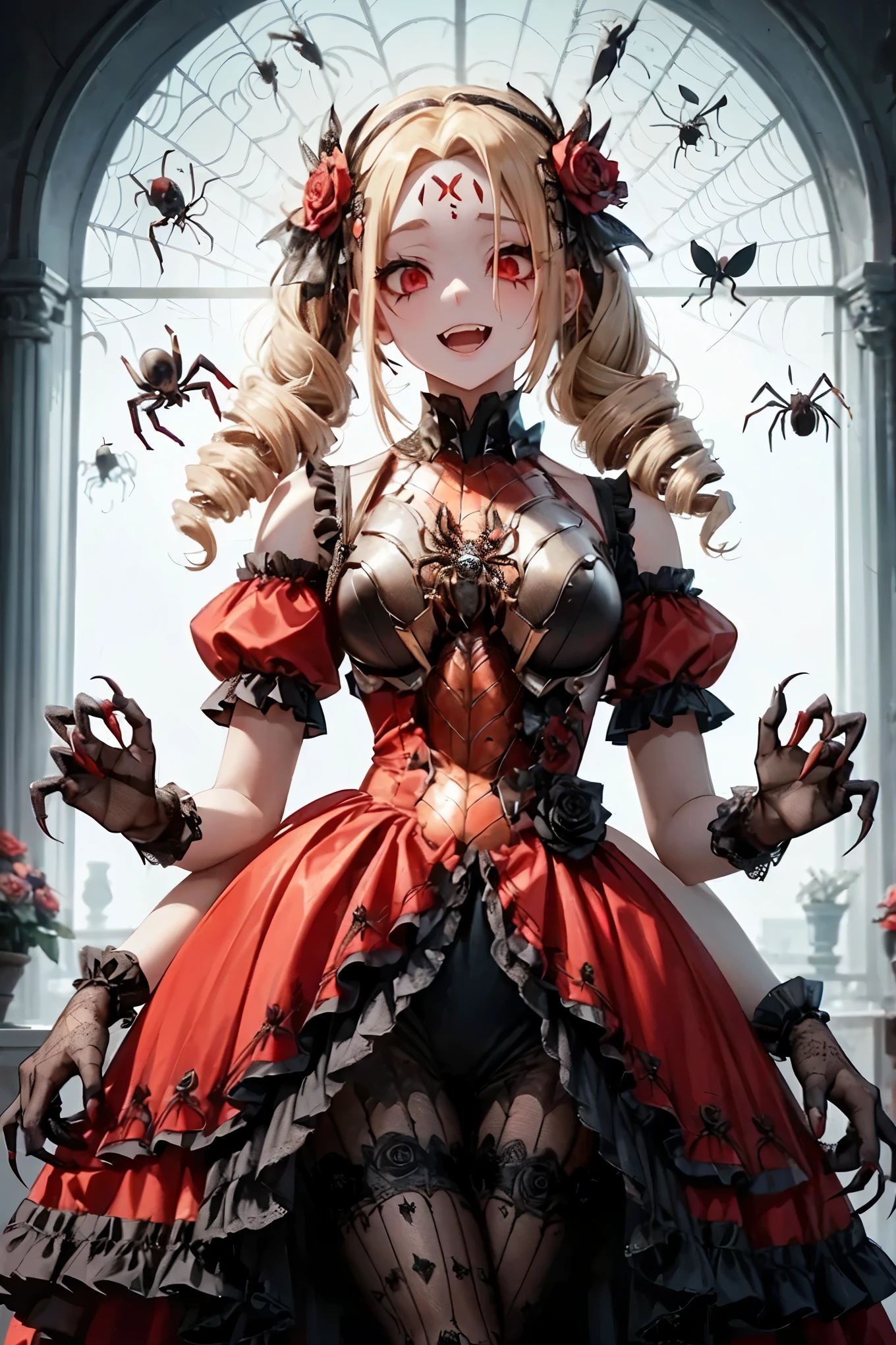 Spider girl. Lady. Twin drill hair. Blonde hair. Red eyes. Horror eyes. Black and red dress. Frills. Dark fantasy. Multiple arms. Sharp claws. Bio-armor chest. Spider web dress. Insect legs. Spider-themed hair accessory. Spider web patterned tights. Lace gloves. Spider eyes on forehead. Scornful expression. Rose flower.