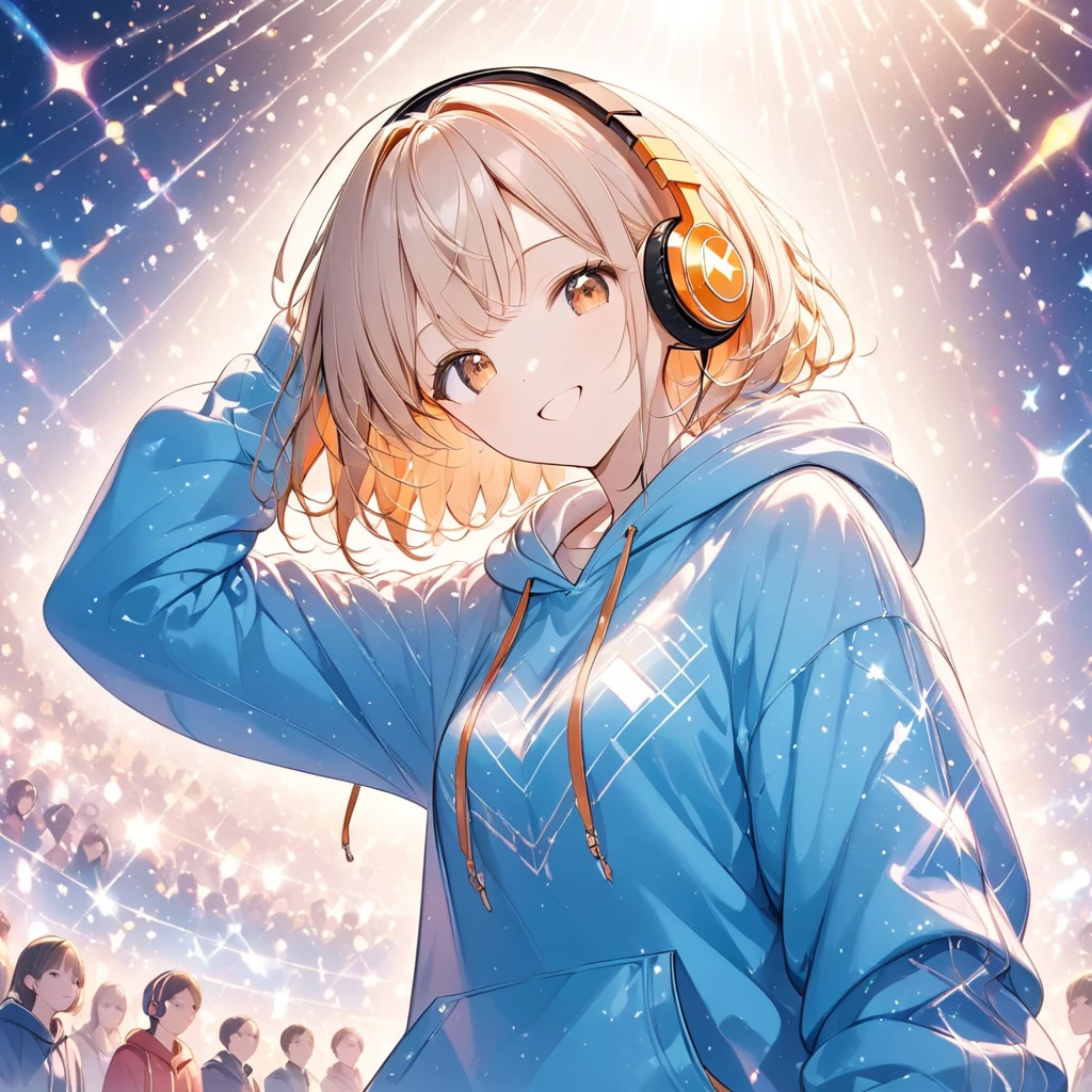 Winking woman,  with orange and white hair {x} in a hoodie ,Moesleeve hoodie, cute pose,Shine瞳.Shineアイハイライト,that&#39;Shine,headphones light background, glitter,Geometric patterns, Official illustration style,A masterpiece seen from the front, best quality,Exquisite,8k, absurd,  very detailed illustration  ,(Being watched by the audience)