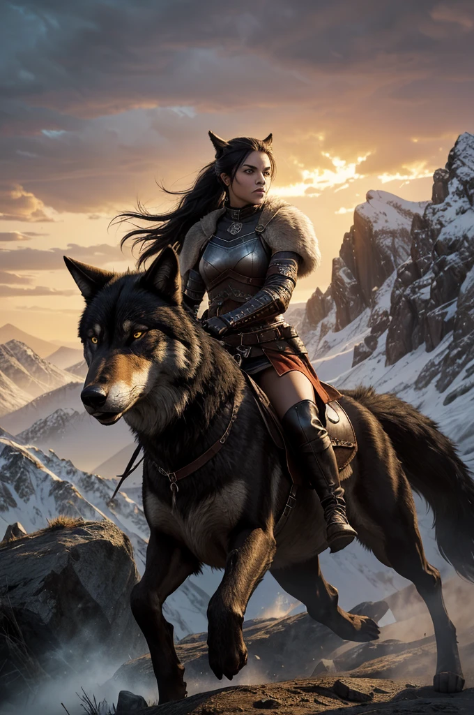  Norse woman with black hair ,  himself tied in a ponytail dressed in medieval leather clothing , clothes yellow with red ,  thick thighs holding a medieval sword up high, Riding a giant wild wolf Fenrir ,  in the mountains at sunset fierce and fearless ,  her clothes are a mix of yellow and red mounted on an impressive Black Wolf ,  she embodies the essence of rebellion and resilience with a fierce look. The wild terrain ,  serving as home and battlefield ,  a symbol of your tribe's enduring struggle for survival ,  a legendary warrior and a majestic wolf , strong and powerful woman .  a symbol of untamable strength and unwavering loyalty .  her coat as black as the midnight sky and eyes shining with the wisdom of the ages - who is her true partner.  She is riding the wolf almost as tall as a man when on her back legs ,  her powerful body undulating with muscles .  Her claws can tear through armor , 4K,  High resolution,  masterpiece ,  best quality , sharp focus, ( cinematic lighting ), clavicle, [:(detailed face:1.2):0.2]