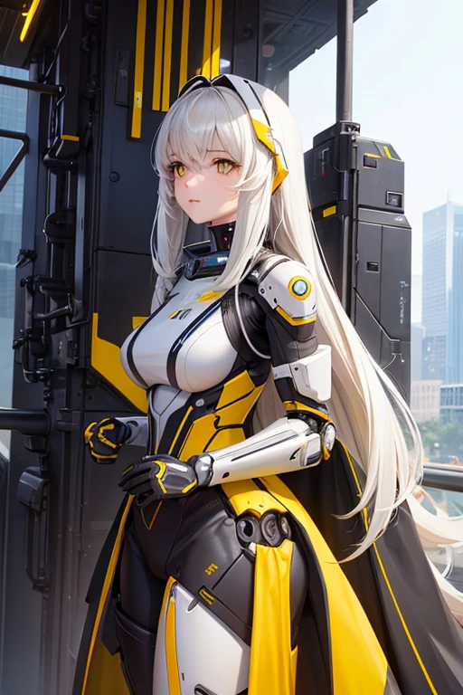  A girl with a large mechanical robot piloted by the girl with long hair, smooth and black,  Yellow Eyes , piel Blanca, humanoid robot forms faith 