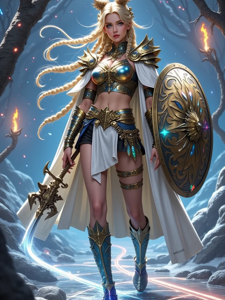 Nordic Viking female warrior，Armed with a large shield and a double-edged sword，The helmet is beside me，Strong build，Blonde hair fluttering wildly in the cold wind，Sky blue eyes，Nordic patterns on clothing，The background depicts the rugged coastline of the cold North Sea.，full-body shot，Cartoon Style，Super Detail，Anatomically correct, masterpiece, accurate, textured skin, super detail, high details, award winning, 8k