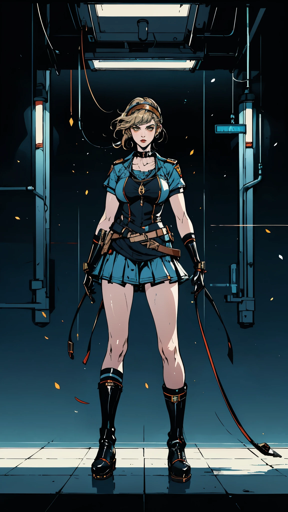 (masterpiece:1.2, best quality:1.2, extremely delicate:1.2), ((Alexandra Daddario:1.2)), a girl with short light golden hair, a metal headband on her forehead, icy gaze, detached expression, smooth and exquisite facial appearance, perfect body, perfect skin, porcelain skin, pale skin, sci-fi military uniform, short sleeves, gloves, short skirt integrated with the outfit, dark fitted pants, knee-high military boots, the color scheme is primarily Blue with White and Yellow accents, surrounded by AR virtual interfaces, standing in a futuristic sci-fi-styled room, this character embodies a finely crafted futuristic sci-fi female officer in anime style, exquisite and mature art style, exquisite photography, Photo realism, photorealistic, even and soft lighting on face, dramatic, high definition, highres, ultra-detailed, ultra-fine painting, professional, perfect body proportions, anatomically correct, symmetrical face, extremely detailed eyes and face, high quality eyes, creativity, RAW photo, UHD, 32k, portrait lighting, Natural light, cinematic lighting, (masterpiece-anatomy-perfect:1.2)