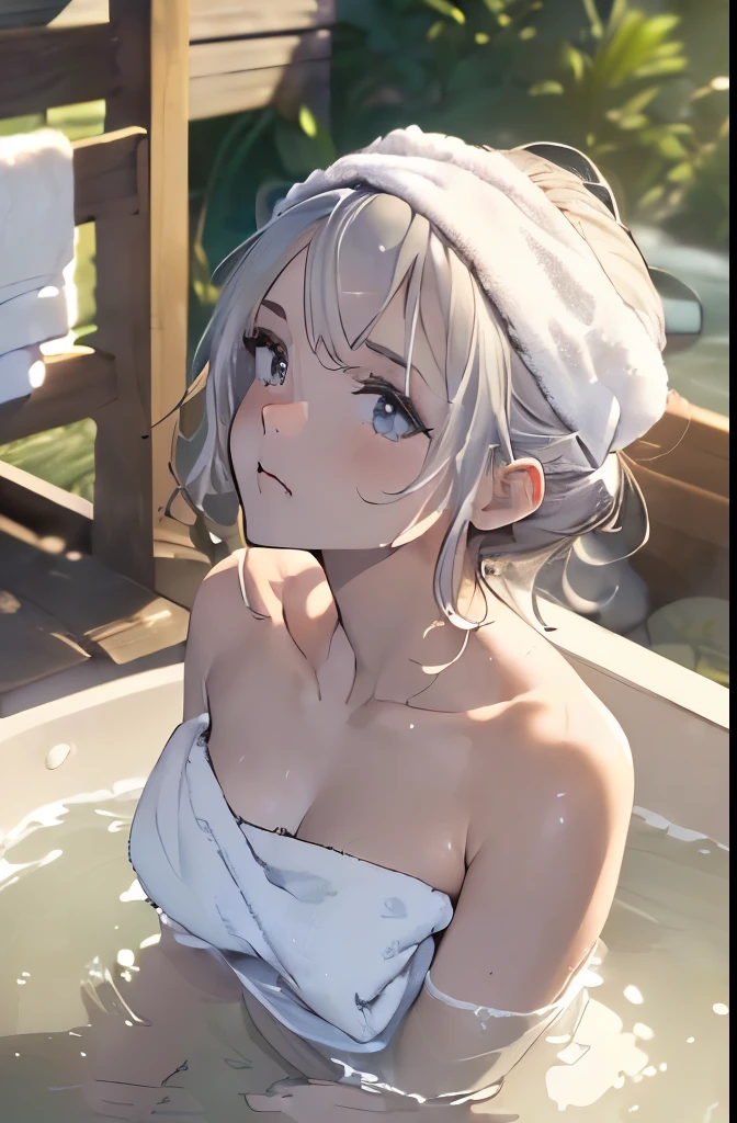 (masterpiece:1.5), ( best quality:1.2),((( well-prepared face))),female 1 person,((Alone)),(((towel that sticks to the body ))),(((Bathing))),(( the fully drawn costume )),( high definition :1.2)(( Details)),( embarrassed expression),((( slightly brownish white hair, hair that reaches the shoulders ))),((( sitting in the bathtub ))),(( Blurry Background ),((( Outdoor Bath))),(((Looking up))),(((hot spring))),(( holding a towel ))