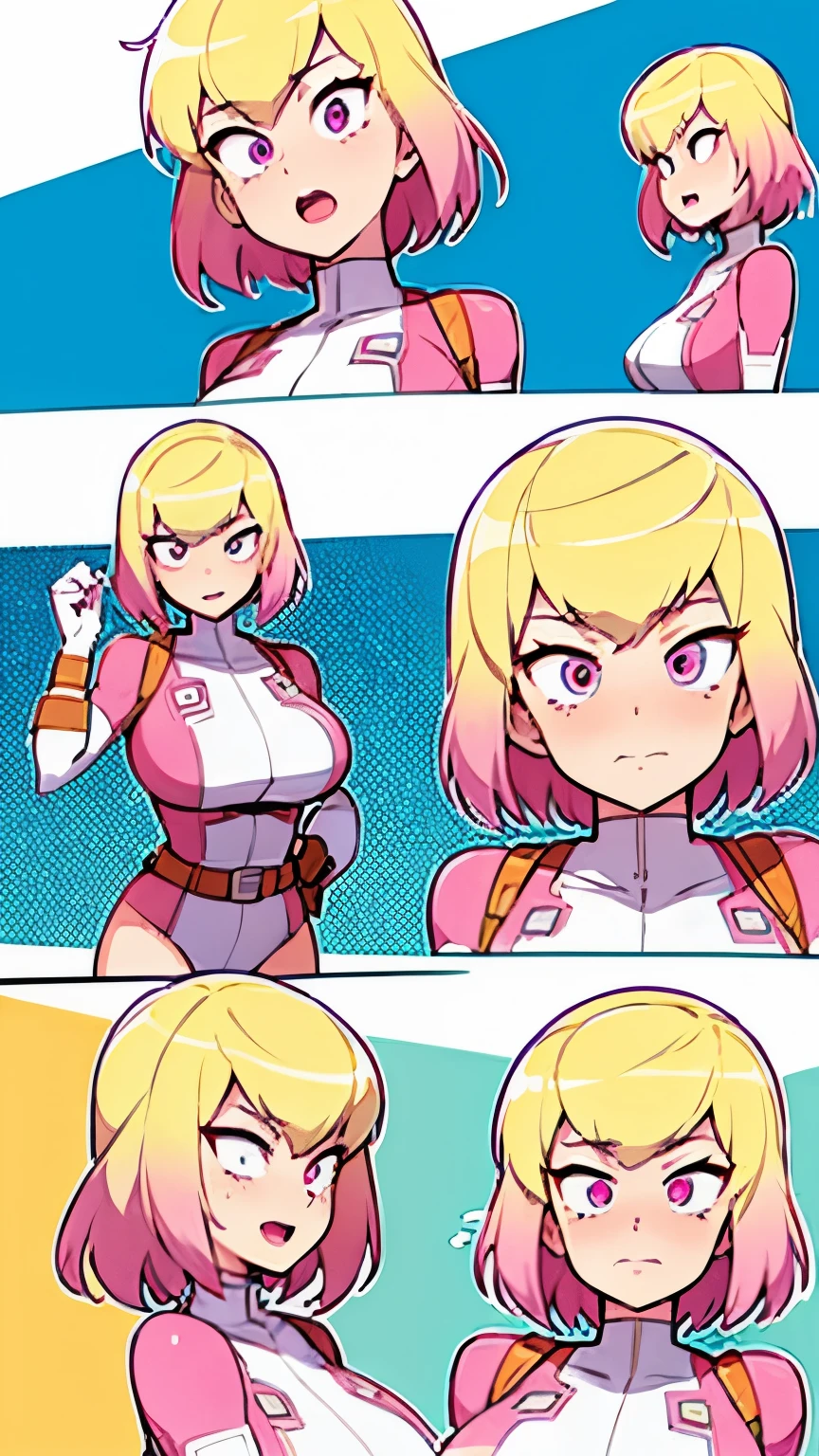 Gwenpool has large breasts and she has a cute face and she has blonde hair with pink on the end of her hair