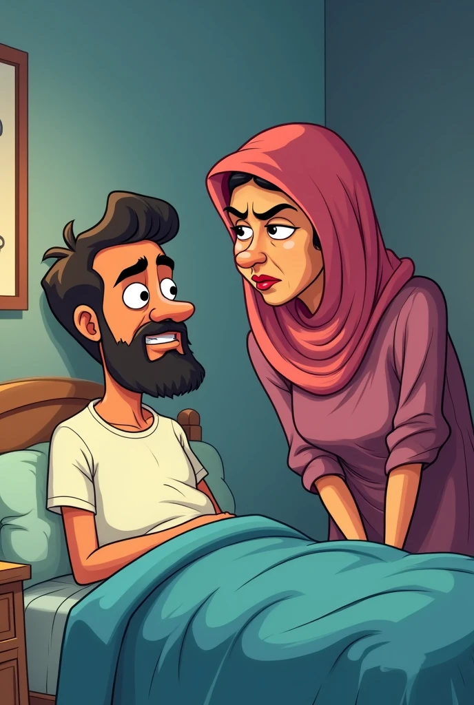 Very Pale skin kurdish sad woman in single hijab nude shoulder nude arm breasts nude talking with weak ugly Arab man in bedroom view from side angry raged full body