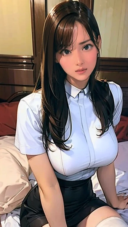  There is a nurse in the hospital wearing a nurse's uniform  、 black stockings in a dark prison、Long Hair、  thin waist、  Big Breasts Covered  、Smiling Kindly